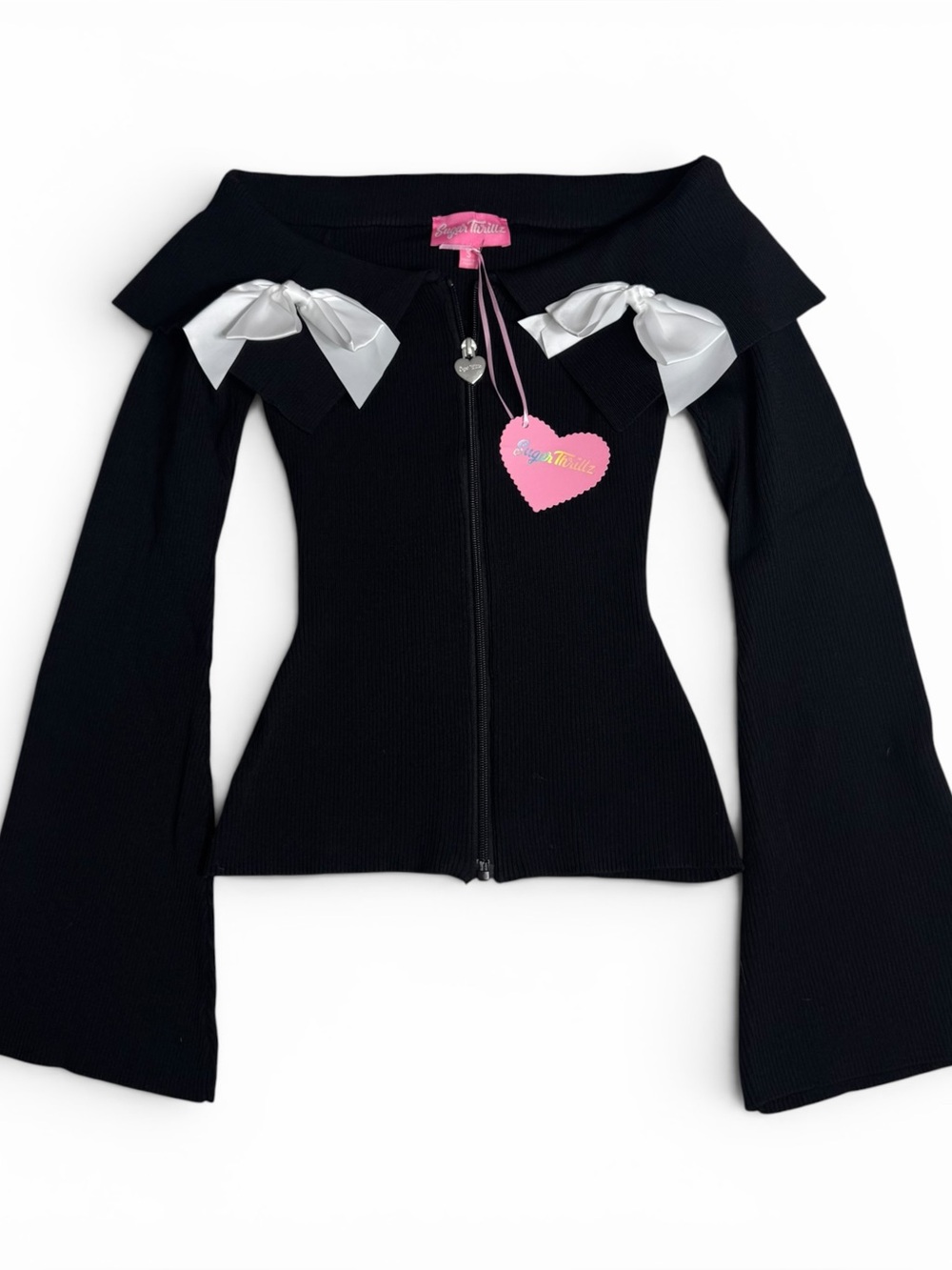 NWT Dolls Kill Sugar Thrillz Bowtie Zip Up Ribbed Cardigan - Picture 8 of 11